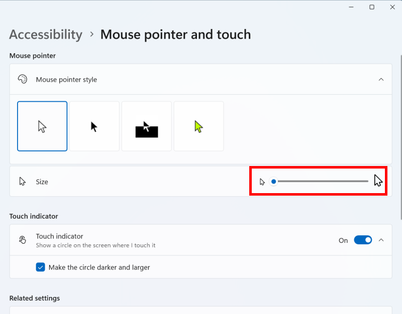 Adjust the Size slider until the pointer is large enough for use